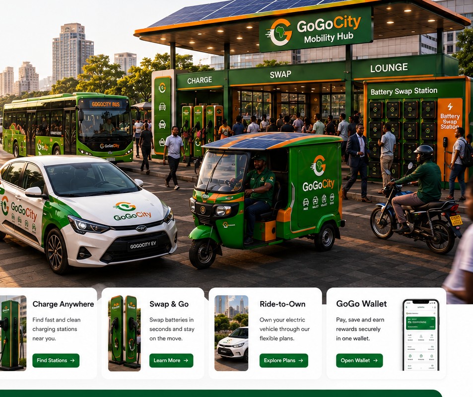 GoGoCity mobility hub showing branded EVs, solar tricycle, people, charging and battery swap activity